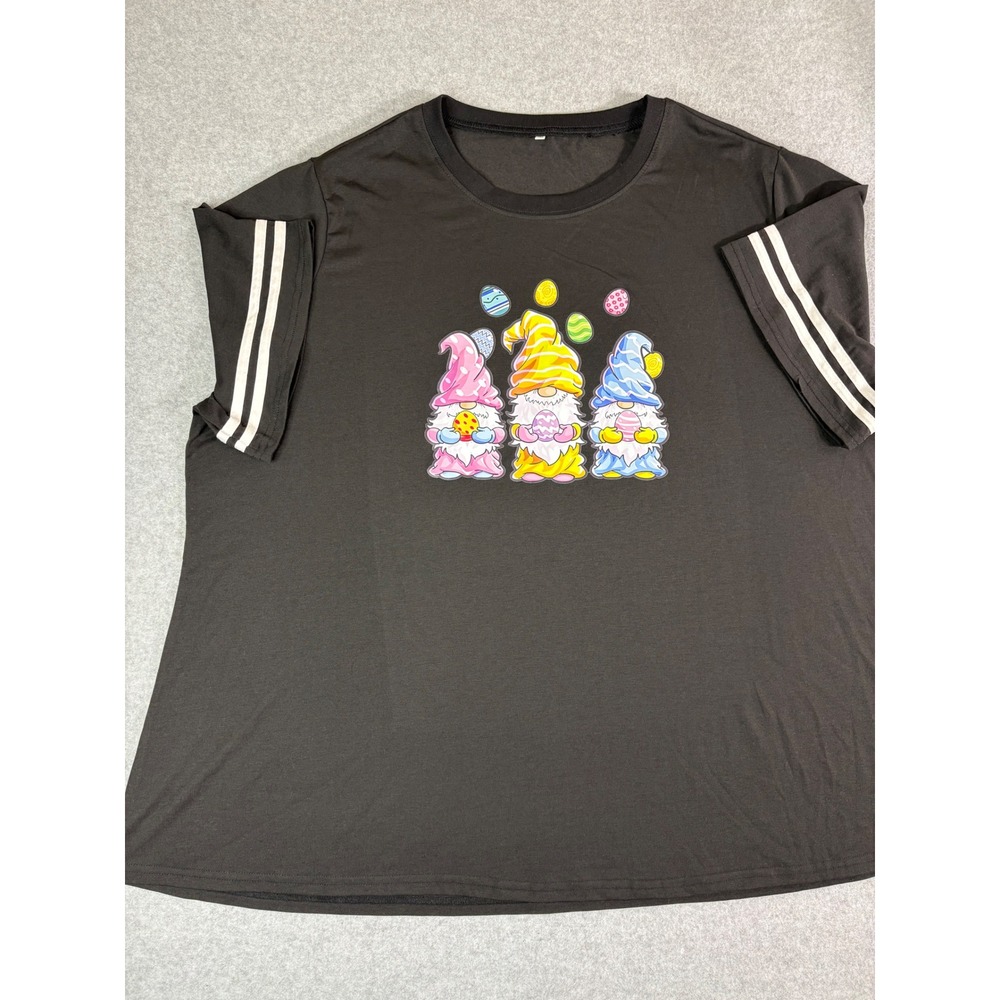 Easter‎ Gnomes Graphic T-Shirt Black Short Sleeve Stripe Detail 7XL Plus Size